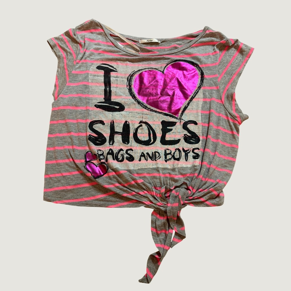 Y2K Papaya Pink Striped Scene Graphic Tie Front Crop Top Shoes Bags Boys #16